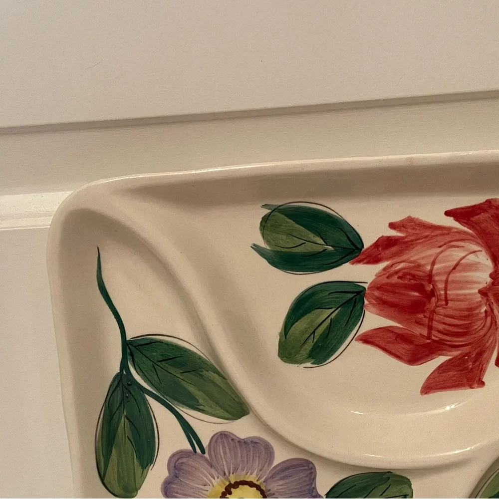 ITALY TRAY PARTY PLATTER VINTAGE HAND PAINTED CERAMIC WHITE FLORAL RECTANGLE